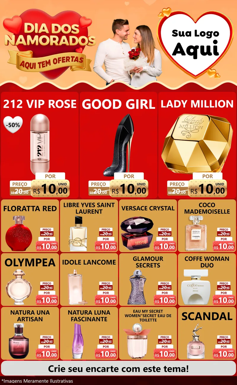 Modelo de Encarte para Encarte Grande com o tema Dia dos Namorados - Aqui Tem Ofertas para Perfumes