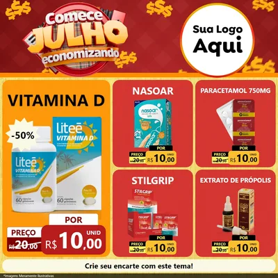 Modelo de Rede Social para Feed Facebook com o tema Comece Julho Economizando para Farmácia