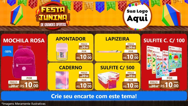 Modelo de TV para TV Horizontal com o tema Festa Junina de Grandes Ofertas para Papelaria