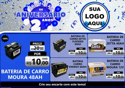 Modelo de Encarte para Encarte A4 Horizontal com o tema Promoção de Aniversário - 2 Anos para Baterias Elétricas