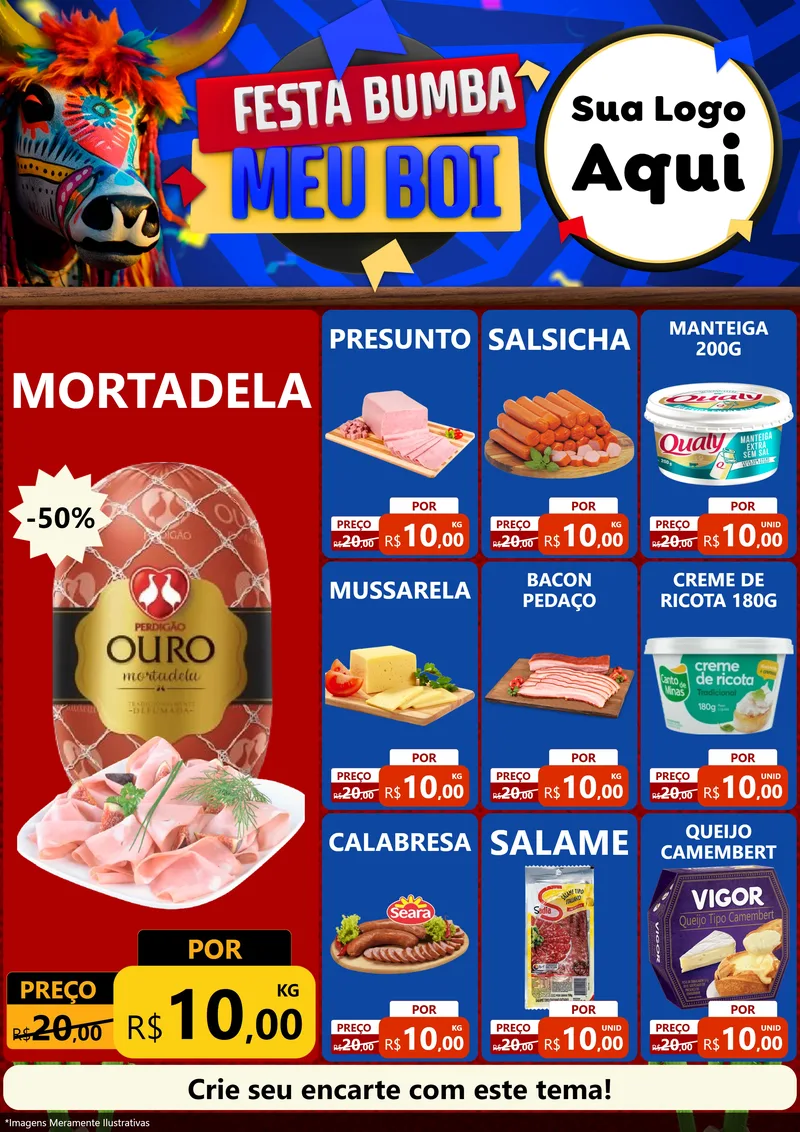Modelo de Encarte para Encarte A4 Vertical com o tema Festa Bumba meu Boi para Frios e Laticínios