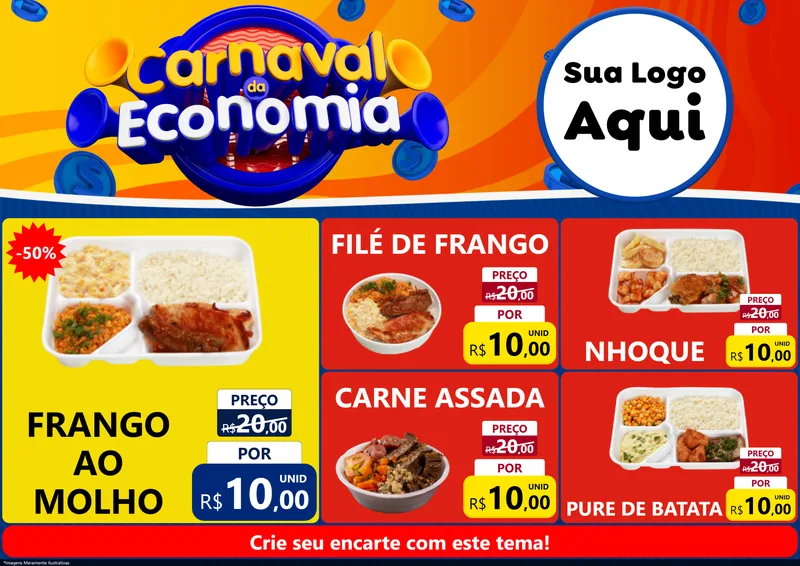 Modelo de Encarte para Encarte A4 Horizontal com o tema Carnaval da Economia para Restaurante