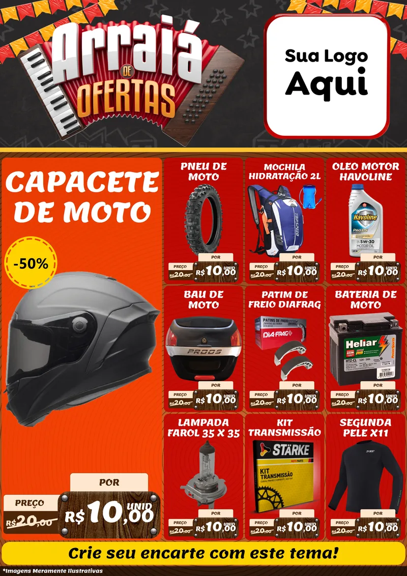 Modelo de Encarte para Encarte A4 Vertical com o tema Arraiá de Ofertas - Junina para Moto peças