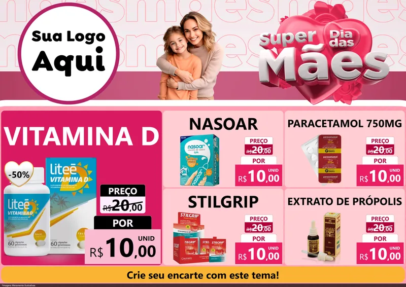 Modelo de Encarte para Encarte A4 Horizontal com o tema Super Dia Das Mães para Farmácia
