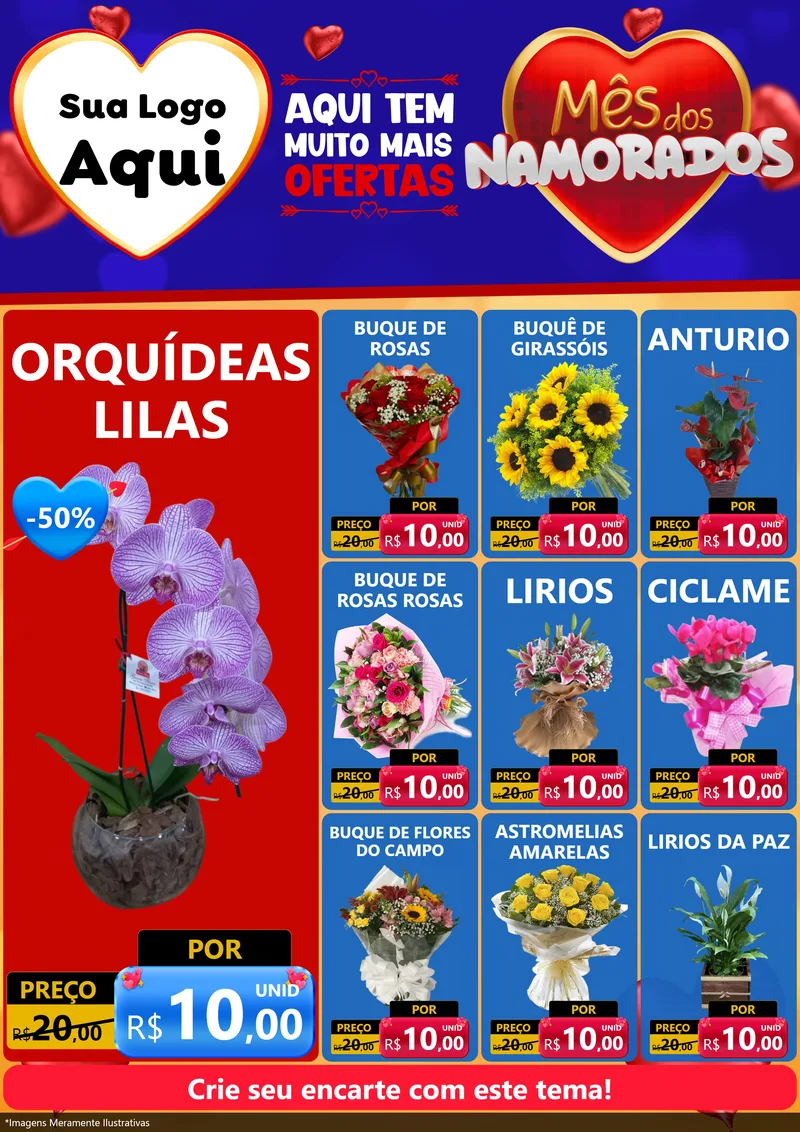 Modelo de Encarte para Encarte A4 Vertical com o tema Mês dos Namorados para Floricultura e jardim