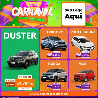 Modelo de Rede Social para Feed Facebook com o tema Pré-Carnaval Com Economia para Concessionaria de Carros