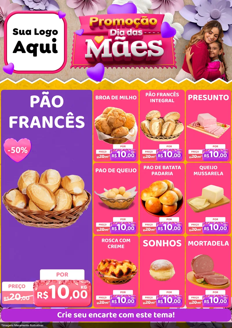 Modelo de Encarte para Encarte A4 Vertical com o tema Promoção Dia das Mães para Padaria