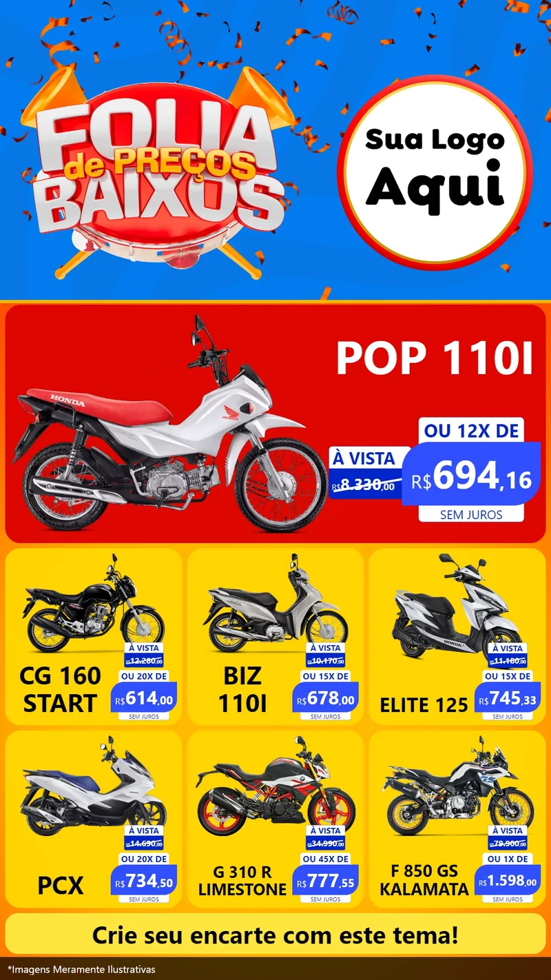 Modelo de Rede Social para Stories com o tema Folia de Preços Baixos para Concessionaria de Motos