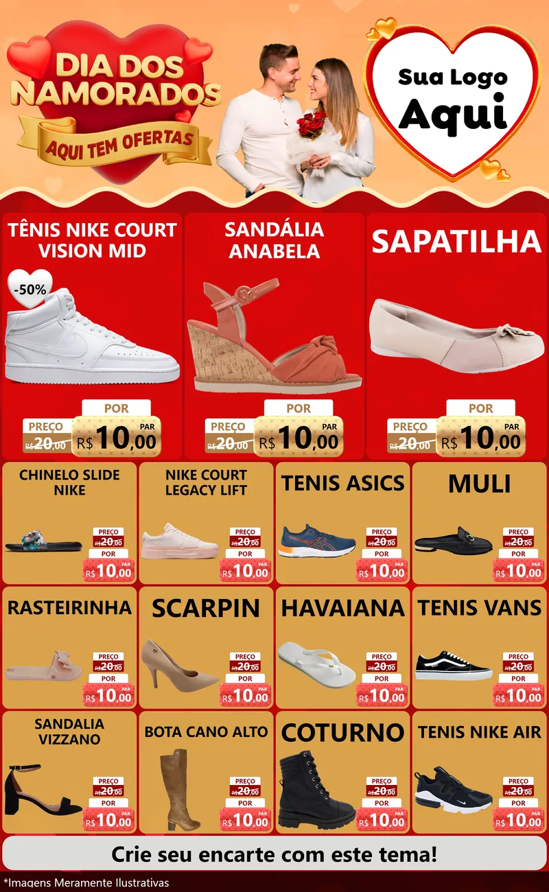 Modelo de Encarte para Encarte Grande com o tema Dia dos Namorados - Aqui Tem Ofertas para Calçados