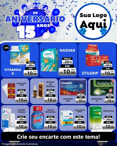 Modelo de Rede Social para Feed Instagram com o tema Promoção de Aniversário - 15 Anos para Farmácia