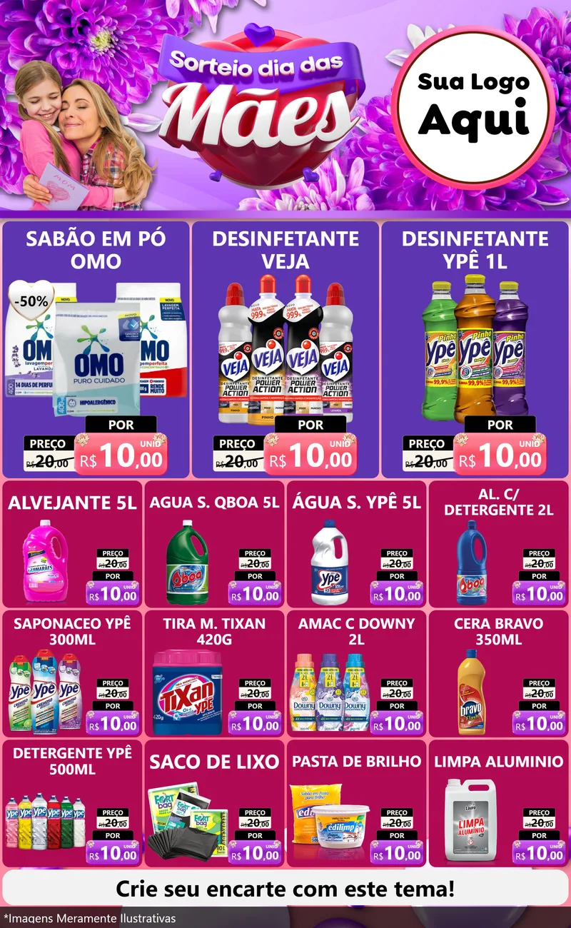 Modelo de Encarte para Encarte Grande com o tema Sorteio Dia das Mães para Produtos de Limpeza