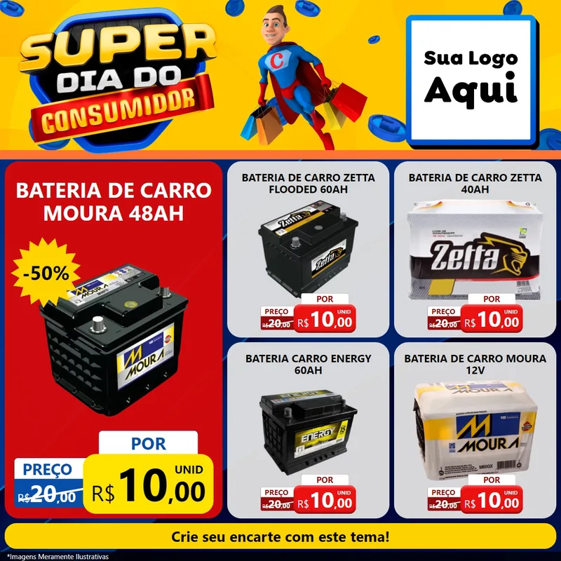 Modelo de Rede Social para Feed Facebook com o tema Super Dia do Consumidor para Baterias Elétricas
