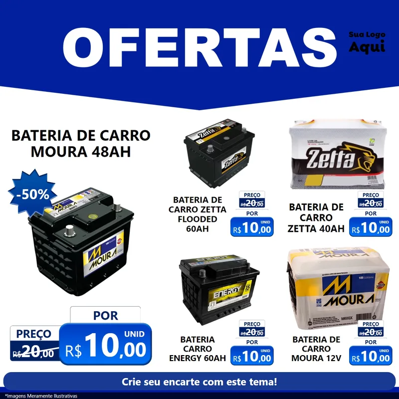 Modelo de Rede Social para Feed Facebook com o tema Ofertas Azul Cartaz para Baterias Elétricas