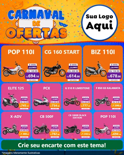 Modelo de Rede Social para Feed Instagram com o tema Carnaval de Ofertas para Concessionaria de Motos