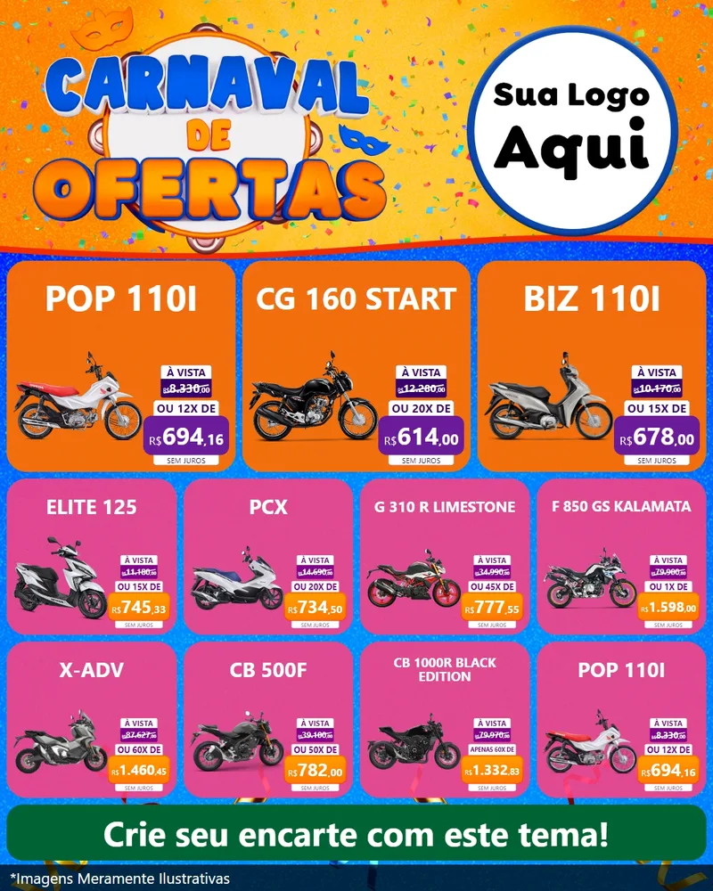 Modelo de Rede Social para Feed Instagram com o tema Carnaval de Ofertas para Concessionaria de Motos