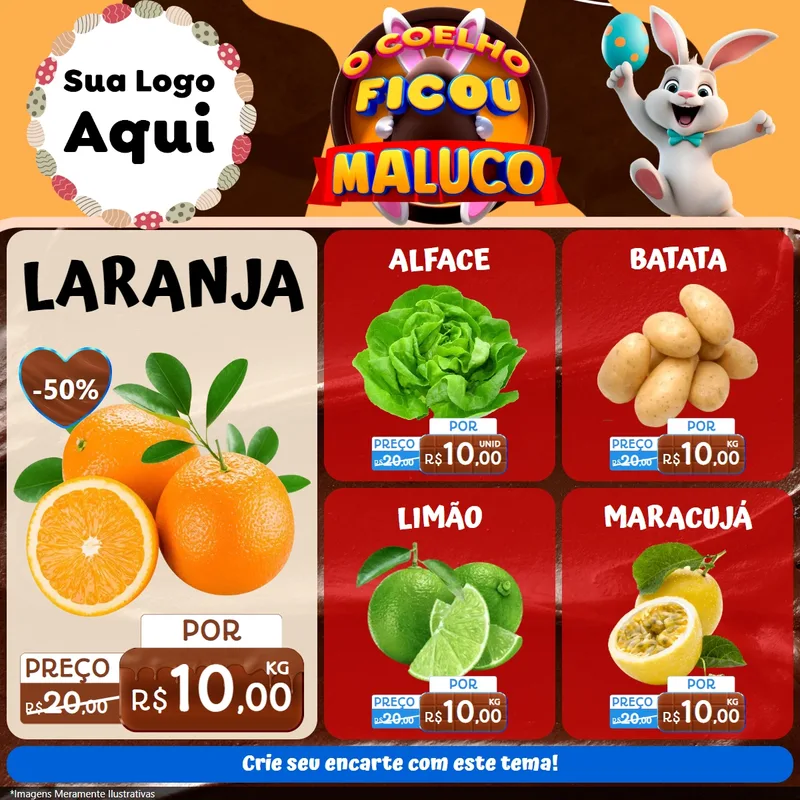 Modelo de Rede Social para Feed Facebook com o tema O Coelho Ficou Maluco - Páscoa para Hortifrúti