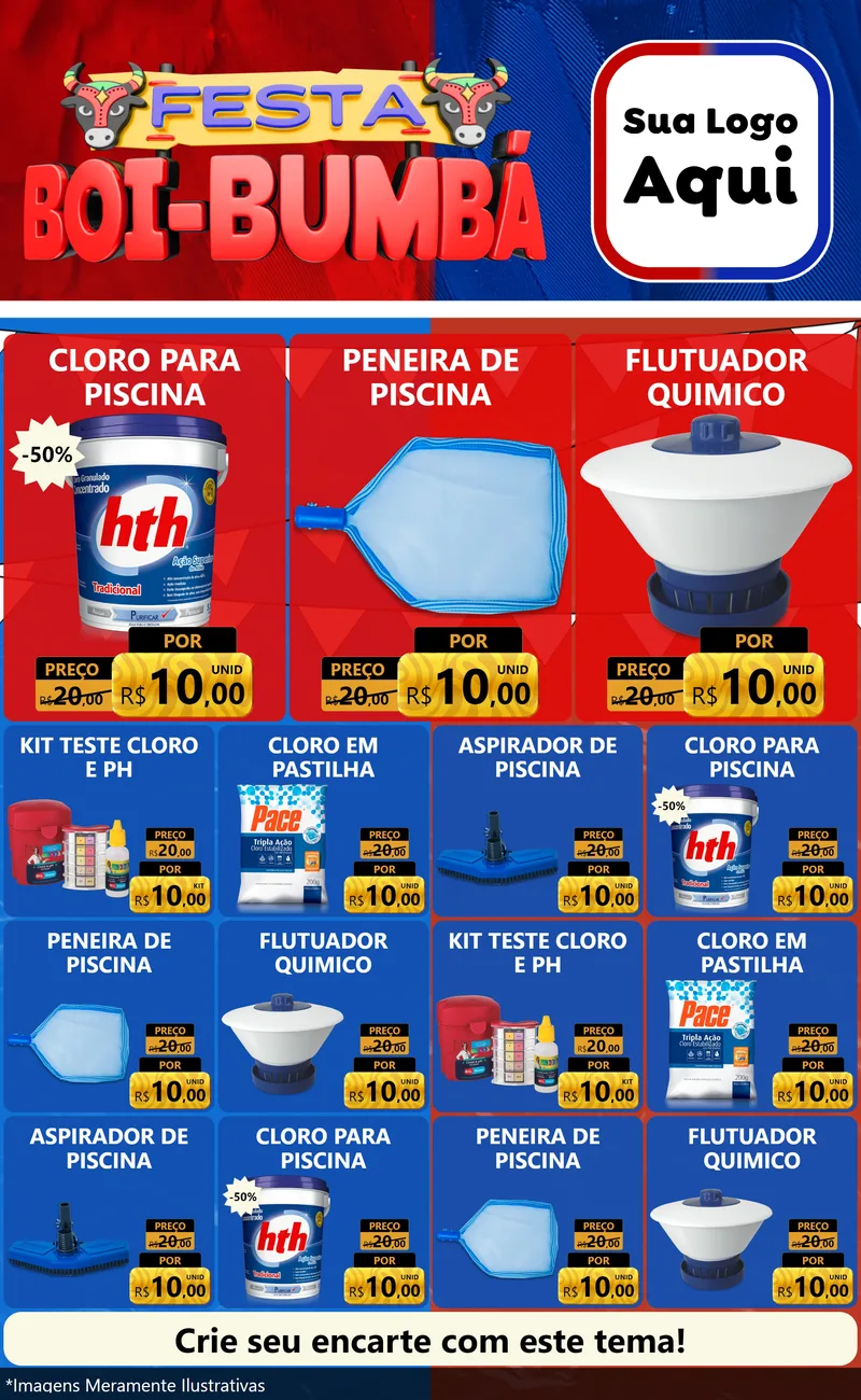 Modelo de Encarte para Encarte Grande com o tema Festa Boi Bumbá para Produtos para Piscina