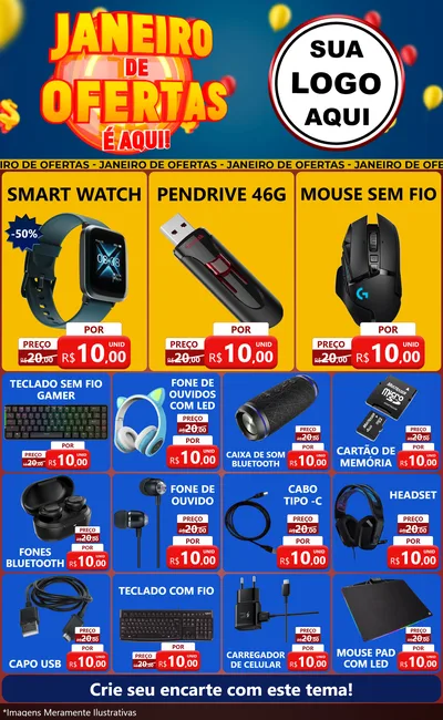 Modelo de Encarte para Encarte Grande com o tema Janeiro de Ofertas É Aqui! para Informática