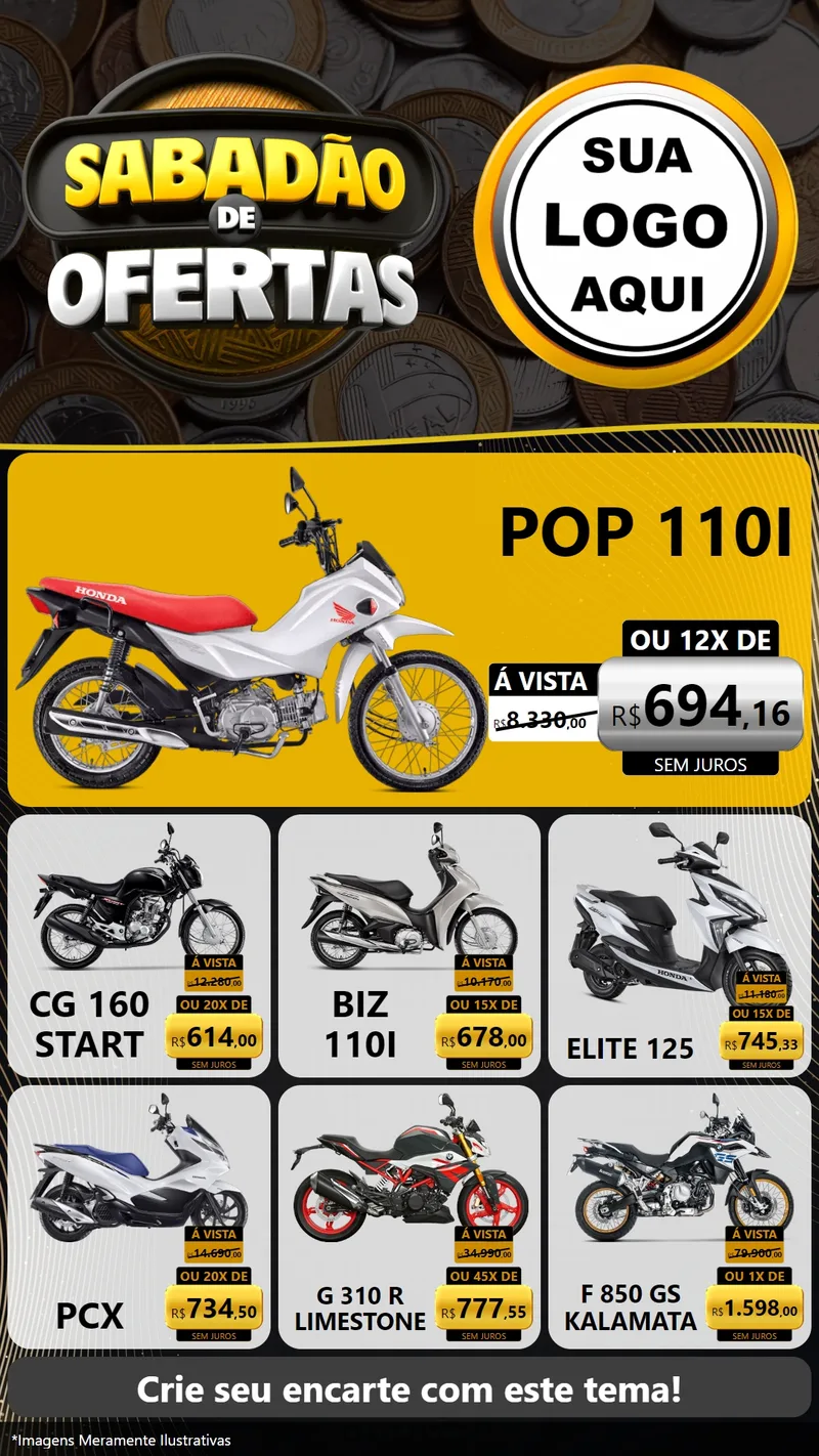 Modelo de Rede Social para Stories com o tema Sabadão de Ofertas para Concessionaria de Motos