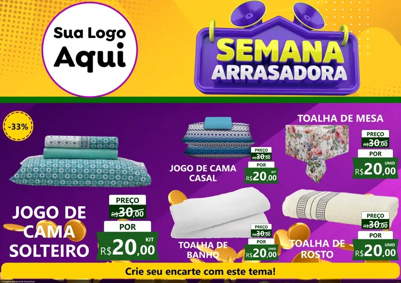 Modelo de Encarte para Encarte A4 Horizontal com o tema Semana Arrasadora para Cama, Mesa e Banho