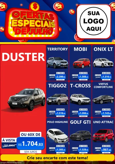 Modelo de Encarte para Encarte A4 Vertical com o tema Ofertas Especiais de Julho para Concessionaria de Carros