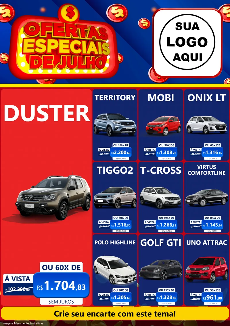 Modelo de Encarte para Encarte A4 Vertical com o tema Ofertas Especiais de Julho para Concessionaria de Carros