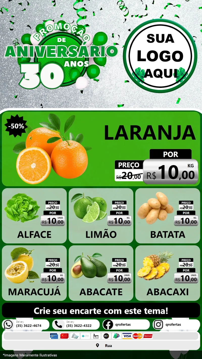 Modelo de Rede Social para Stories com o tema Promoção de Aniversário - 30 Anos para Hortifrúti