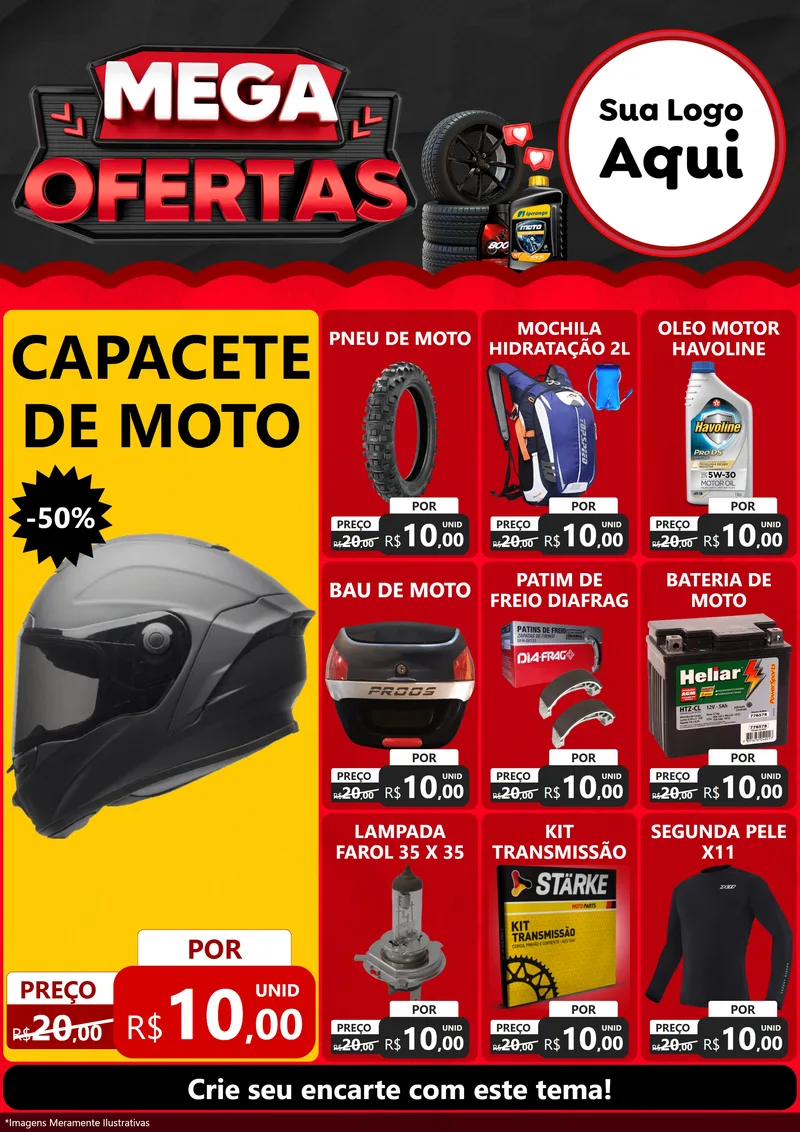 Modelo de Encarte para Encarte A4 Vertical com o tema Mega Ofertas - Motopeças para Moto peças