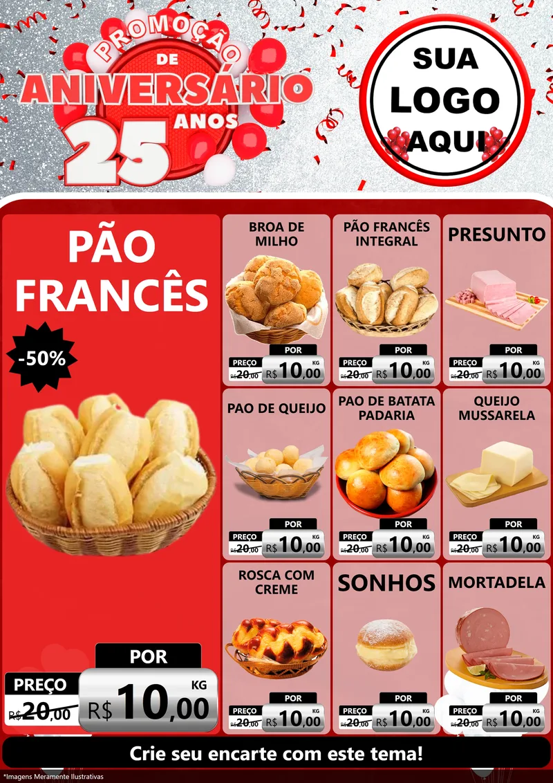 Modelo de Encarte para Encarte A4 Vertical com o tema Promoção de Aniversário - 25Anos para Padaria