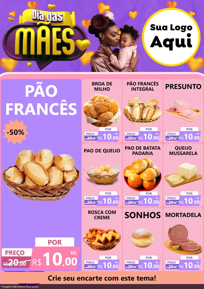 Modelo de Encarte para Encarte A4 Vertical com o tema Dia das Mães para Padaria
