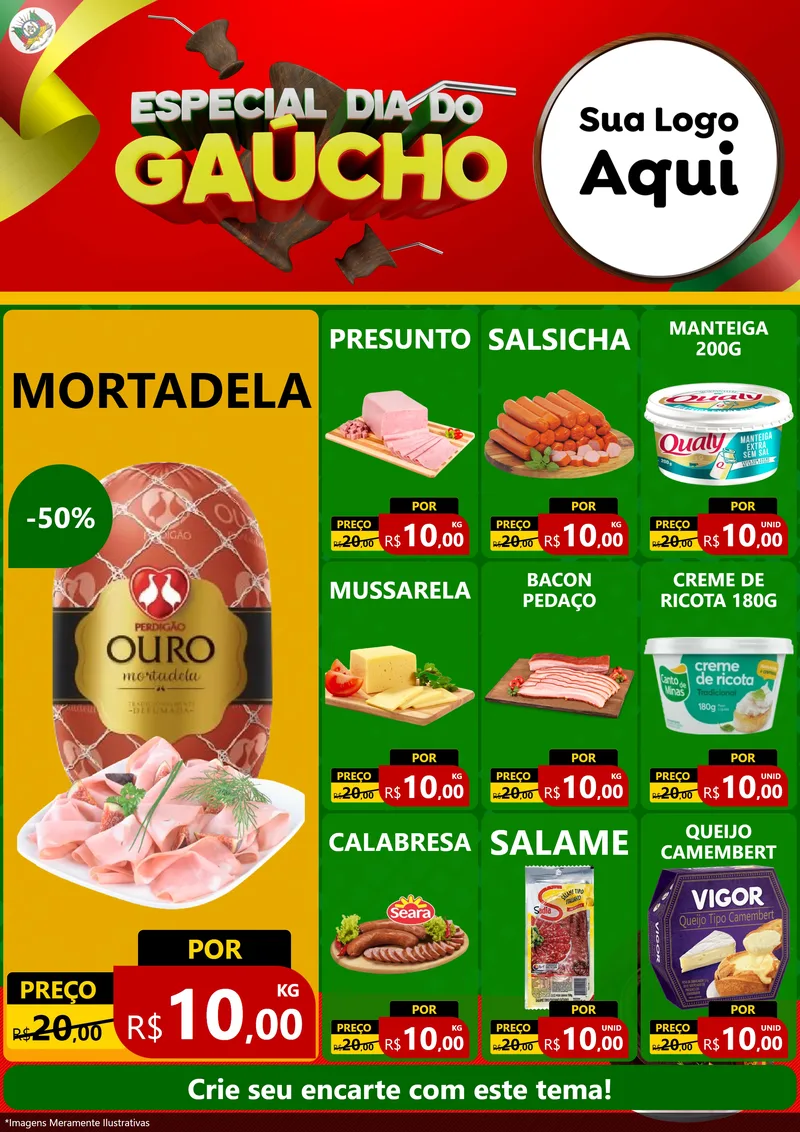Modelo de Encarte para Encarte A4 Vertical com o tema Especial Dia do Gaúcho para Frios e Laticínios