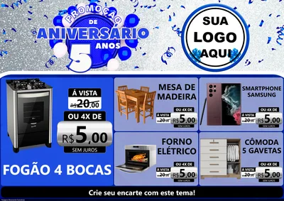Modelo de Encarte para Encarte A4 Horizontal com o tema Promoção de Aniversário - 5 Anos para Móveis e Eletro