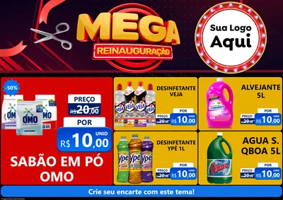 Modelo de Encarte para Encarte A4 Horizontal com o tema Mega Reinauguração para Produtos de Limpeza
