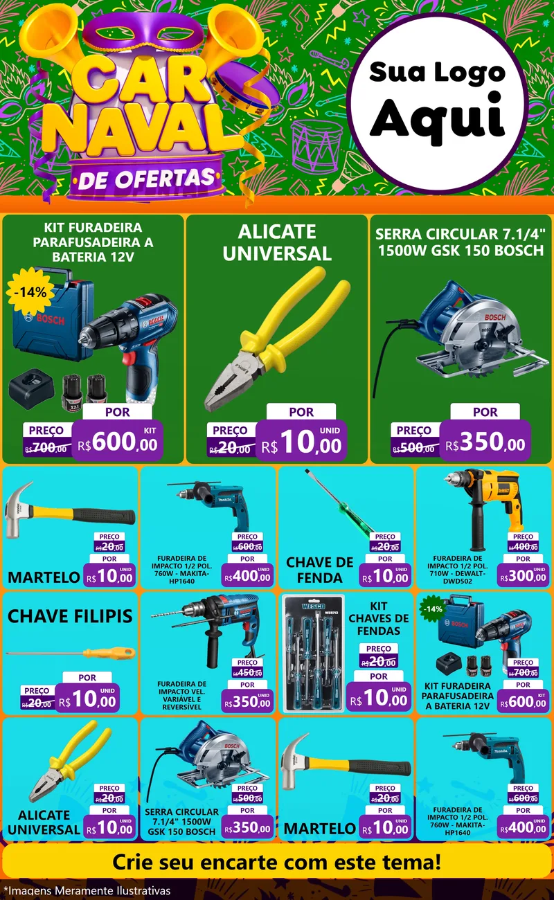 Modelo de Encarte para Encarte Grande com o tema Carnaval de Ofertas para Maquinas e Ferramentas
