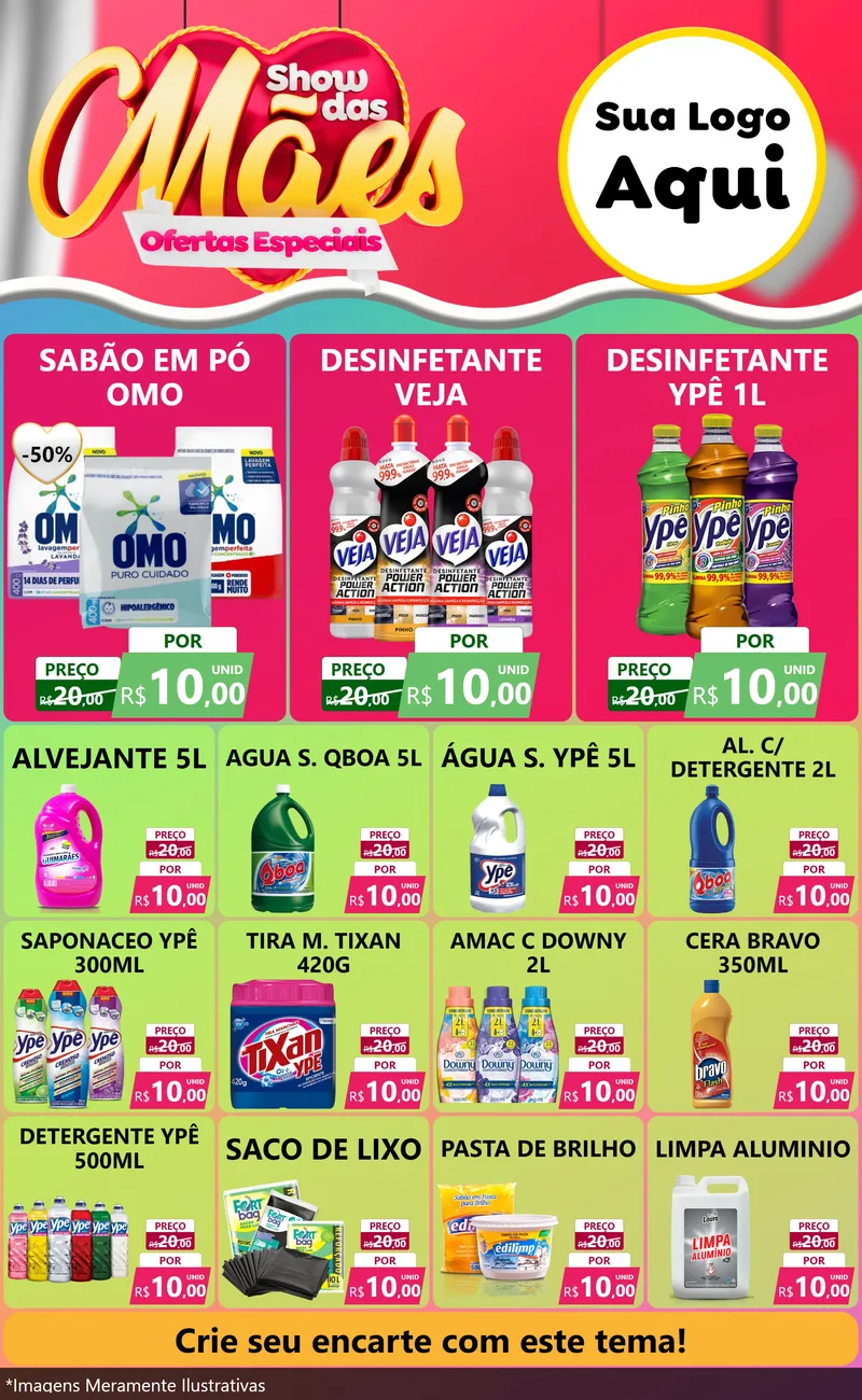 Modelo de Encarte para Encarte Grande com o tema Show das Mães - Ofertas Especiais para Produtos de Limpeza