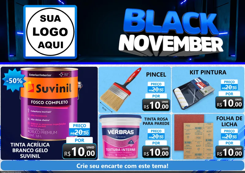 Modelo de Encarte para Encarte A4 Horizontal com o tema Black November para Tintas e Ferramentas