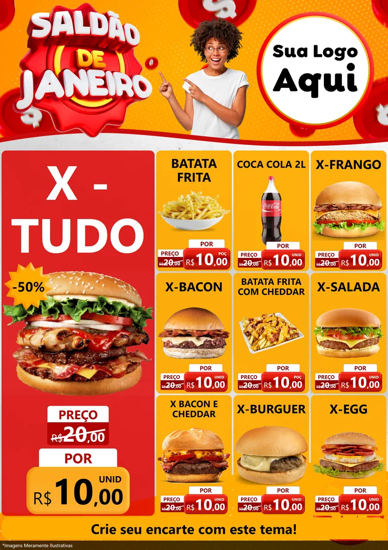 Modelo de Encarte para Encarte A4 Vertical com o tema Saldão de Janeiro para Hamburgueria