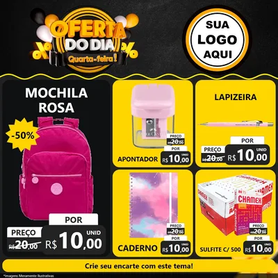 Modelo de Rede Social para Feed Facebook com o tema Oferta do Dia - Quarta Feira! para Papelaria