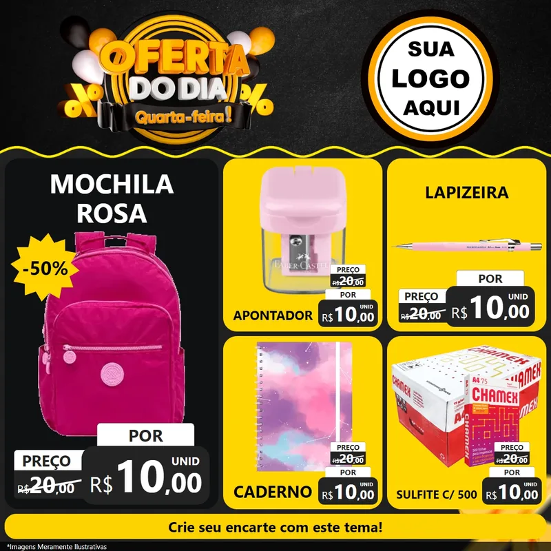 Modelo de Rede Social para Feed Facebook com o tema Oferta do Dia - Quarta Feira! para Papelaria