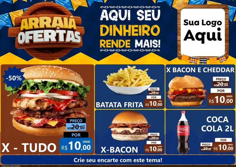 Modelo de Encarte para Encarte A4 Horizontal com o tema Arraiá de Ofertas - Junina para Hamburgueria