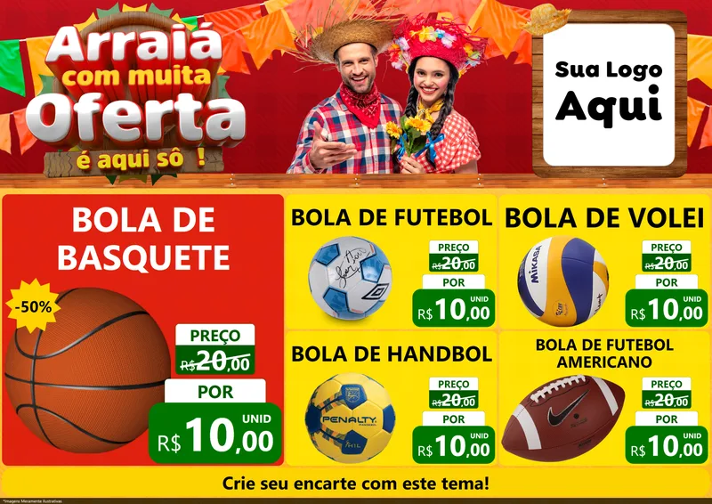 Modelo de Encarte para Encarte A4 Horizontal com o tema Arraiá Com Muita Oferta - É Aqui Sô! para Artigos Esportivos