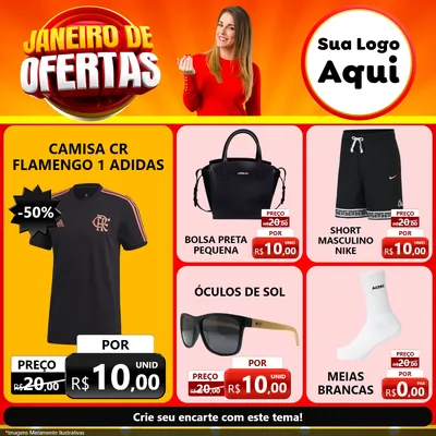 Modelo de Rede Social para Feed Facebook com o tema Janeiro de Ofertas para Roupas e acessórios