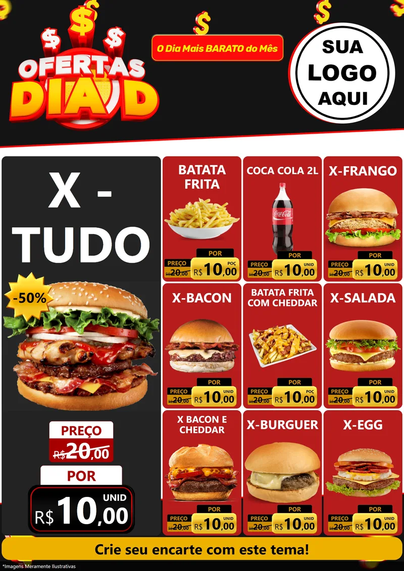 Modelo de Encarte para Encarte A4 Vertical com o tema Ofertas Dia D para Hamburgueria
