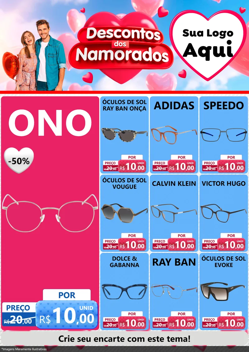 Modelo de Encarte para Encarte A4 Vertical com o tema Descontos dos Namorados para Óticas