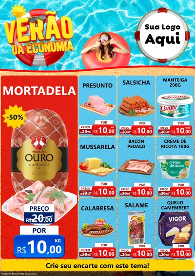 Modelo de Encarte para Encarte A4 Vertical com o tema Verão da Economia para Frios e Laticínios