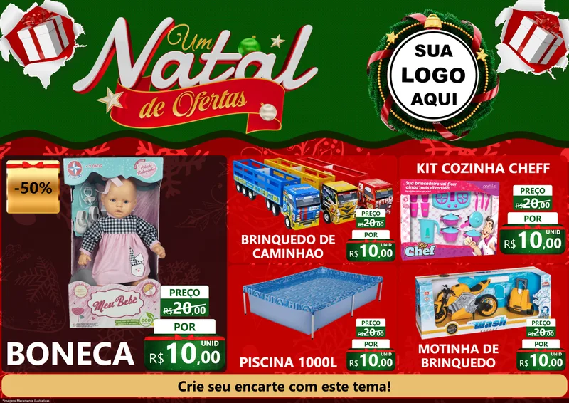 Modelo de Encarte para Encarte A4 Horizontal com o tema Um Natal de Ofertas para Brinquedos