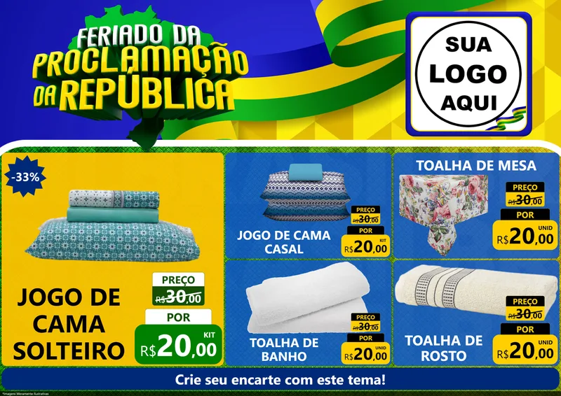 Modelo de Encarte para Encarte A4 Horizontal com o tema Feriado da Proclamação da República para Cama, Mesa e Banho