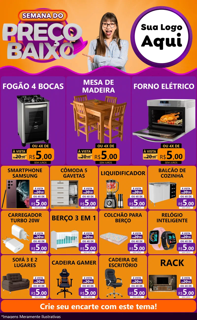 Modelo de Encarte para Encarte Grande com o tema Semana do Preço Baixo para Móveis e Eletro