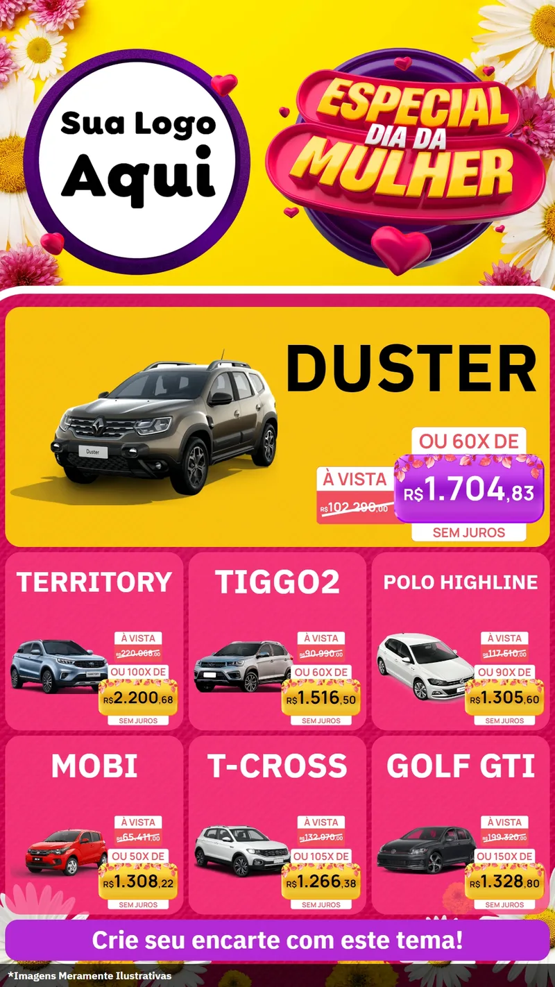 Modelo de Rede Social para Stories com o tema Especial Dia da Mulher para Concessionaria de Carros