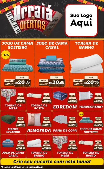 Modelo de Encarte para Encarte Grande com o tema Arraiá de Ofertas - Junina para Cama, Mesa e Banho